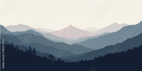 Misty mountain peaks at sunrise, with clouds and fog filling the valley below