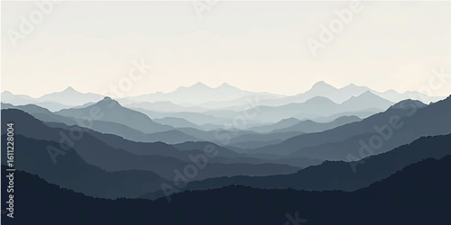 Mountain landscapes shrouded in morning fog with the blue sky peeking through