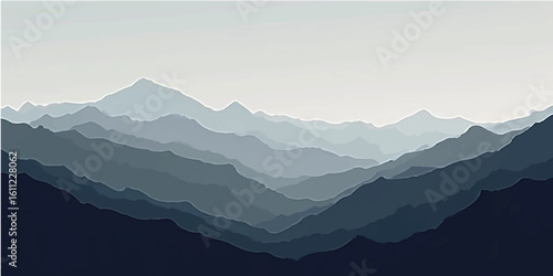 A stunning view of misty mountain peaks at sunrise with a blue sky and serene valley below