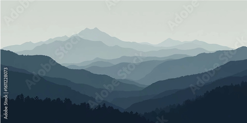 Morning fog over mountains with misty hills and forested valleys