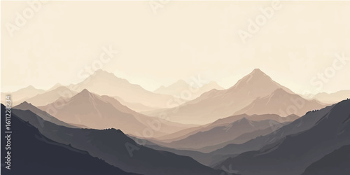 Morning sunrise over mountain peaks with misty hills in the distance