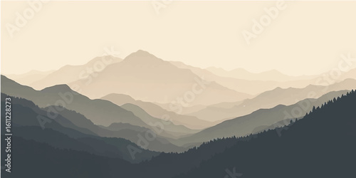 Morning mountain landscape with foggy peaks and misty hills under a soft sky