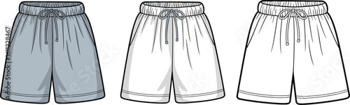 Men's athletic shorts front view, drawstring waistband design, detailed technical illustration, vector fashion template, sportswear mockup for apparel design, clothing flat sketch