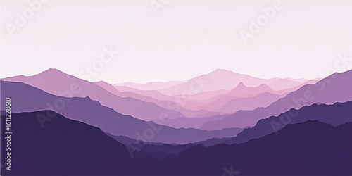 A panoramic view of a mountain range at dawn, with the misty fog lifting from the valley below