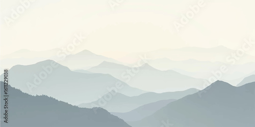 Cream and gray mountains layered under soft mist and pale daylight haze