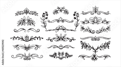 A set of hand-drawn floral ornament dividers. Featuring herbs and twigs as decorative elements.
