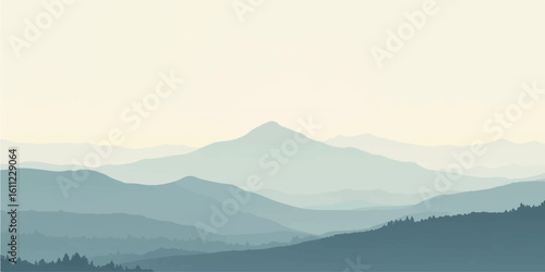 Subtle green and cream mountain ridges under morning mist and soft light