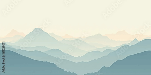 Soft golden sunrise illuminating minimal blue mountain ridgelines in mist