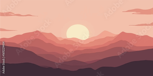 Behold the breathtaking mountain landscape at sunrise, where mist-kissed valleys meet a sky ablaze with the red and blue light of dawn