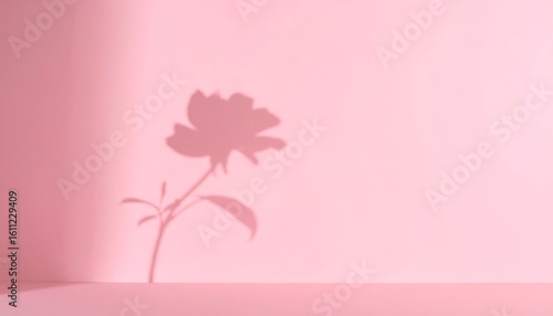 Elegant shadow silhouette of a blooming rose on a pastel pink wall. Minimalist aesthetic with soft, natural light for a gentle mood.