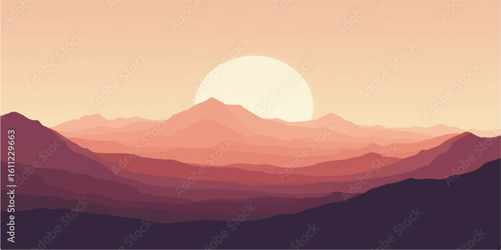 Obraz premium Serene mountain landscape with glowing sun setting behind layered pink and purple peaks