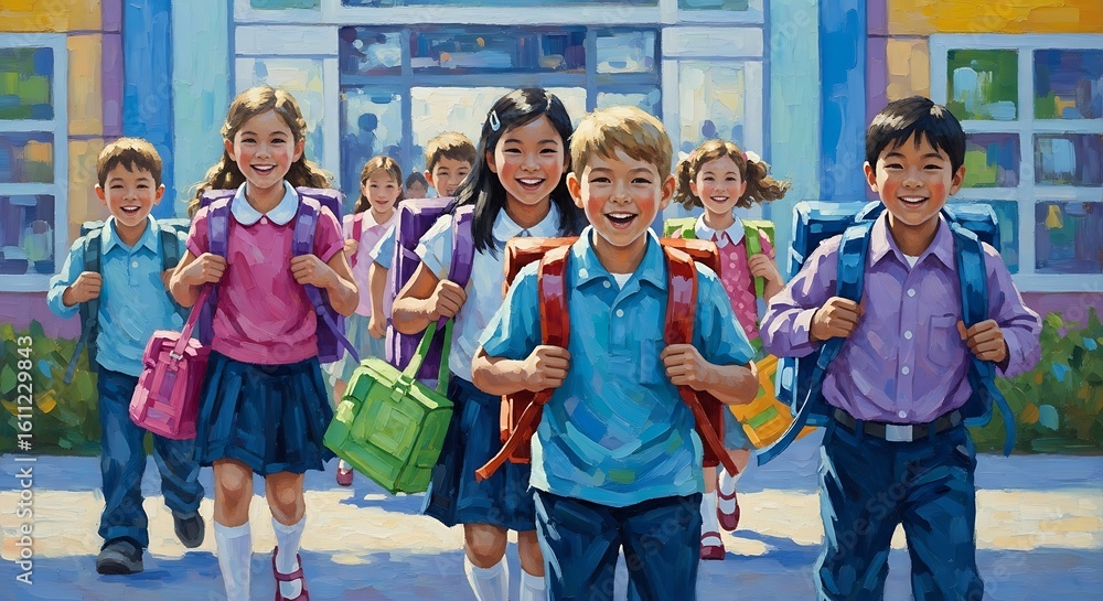 Fototapeta premium Back to school group of elementary school children walking with backpacks in front of school building with windows