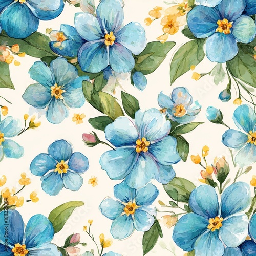 Beautiful Watercolor Floral Pattern Featuring Blue Flowers and Green Leaves in Seamless Design
