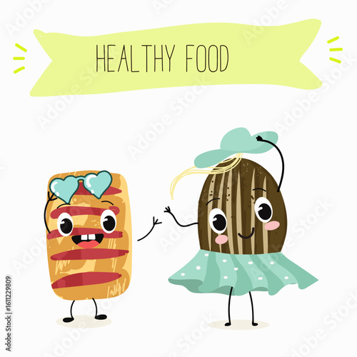 Baked food funny characters, hand drawn vector illustration.