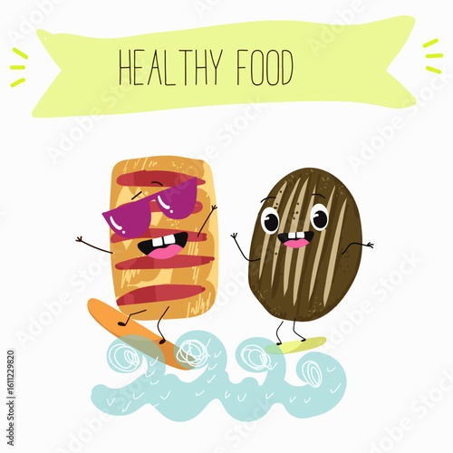Baked food funny characters, hand drawn vector illustration.