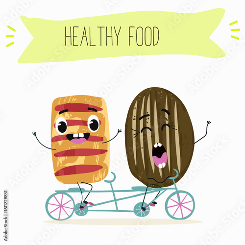 Baked food funny characters, hand drawn vector illustration.