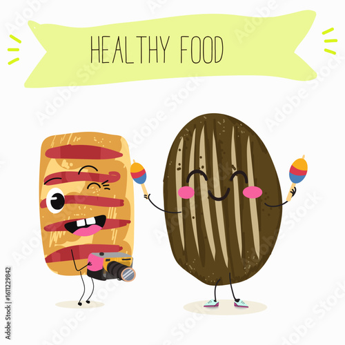 Baked food funny characters, hand drawn vector illustration.