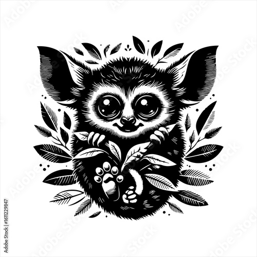 Adorable Furball Creature with Big Eyes and Leaves.