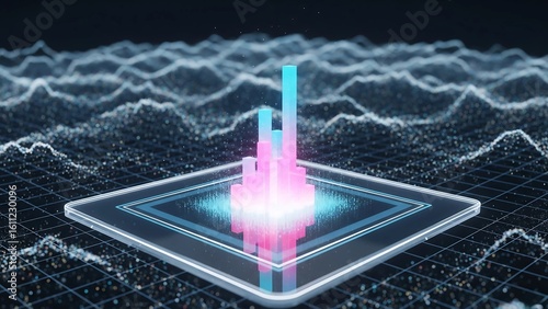 This image showcases a glowing 3D bar chart on a transparent platform amidst a dynamic digital waveform background, representing data visualization, analytics, and abstract technology.