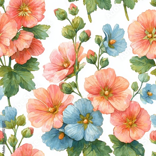 Wallpaper Mural Beautiful Watercolor Floral Pattern Featuring Pink And Blue Flowers On White Background For Design Purposes Torontodigital.ca