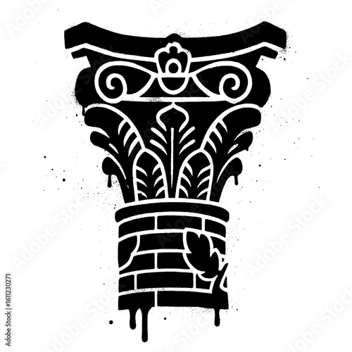 Graffiti Stencil of Corinthian Column Capital with Black Spray Paint Drips.