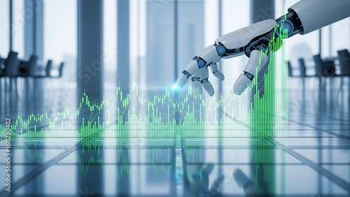 A robotic hand interacting with a glowing green financial chart, symbolizing artificial intelligence in business, market analysis, and automated investment