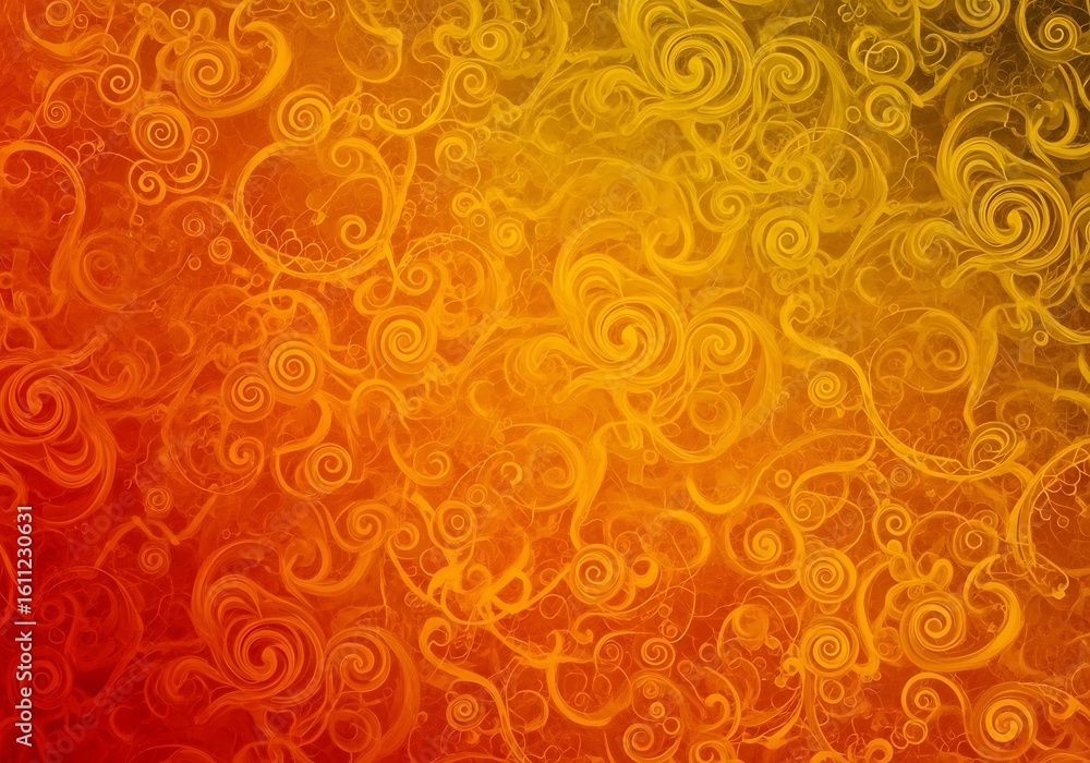 Fototapeta premium Abstract orange and yellow swirl background with intricate floral designs texture