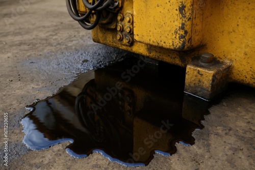 Diesel Rig Spill concept. Leakage of dark fluid from industrial machinery on a surface.