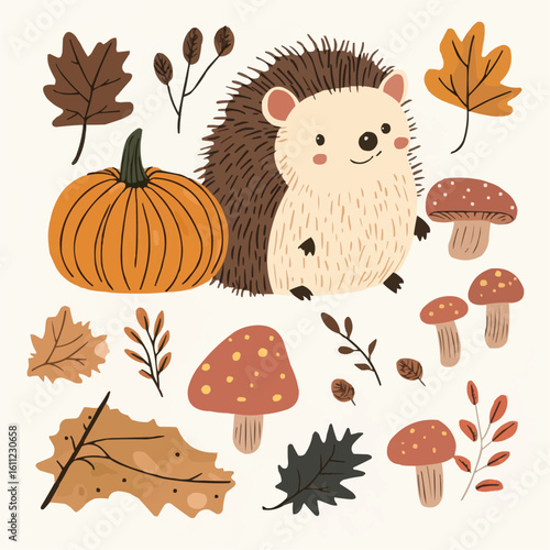 Cute fall clipart set with hedgehog and forest details, perfect for autumn stationery, seasonal gift tags and printable cards