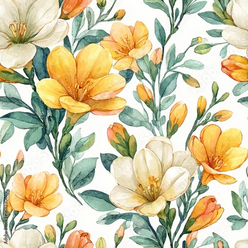 Watercolor Floral Seamless Pattern Featuring Yellow And White Flowers With Green Leaves Beautifully Displayed