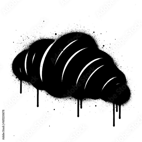 Graffiti Style Black Spray Paint Croissant with Dripping Effect on White Wall.