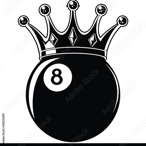 Intricate Black and White Illustration of a Crown Topped 8 Ball Depicting Royalty in Pool