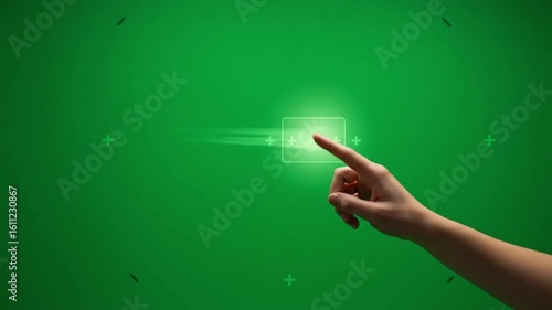 Hand interacting with glowing square on green screen background for compositing and visual effects