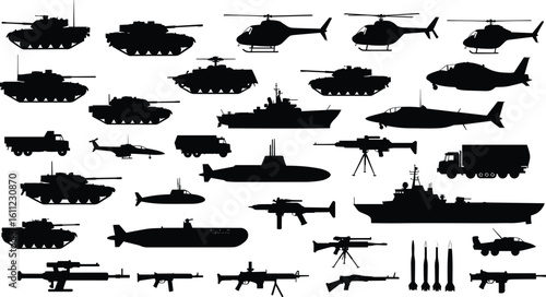 Military equipment silhouette sketch, tanks and helicopters illustration, aircraft and artillery layout design, defense transport vector template, cad drawing flat vector illustration