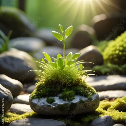 Delicate Green Sprout Growing on a Mossy Rock in Bright Sunlight