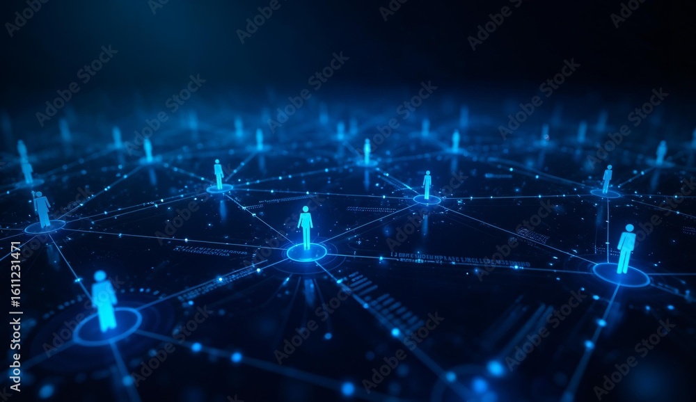 Obraz premium Network of interconnected nodes with human figures, symbolizing digital connectivity and communication.
