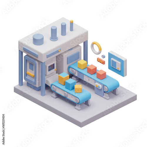 A stylized factory illustration depicts a manufacturing process with conveyor belts and colorful blocks representing production and automation.