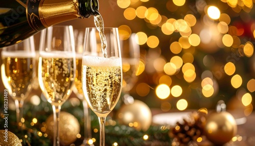 Glasses of champagne with Christmas decorations on festive table