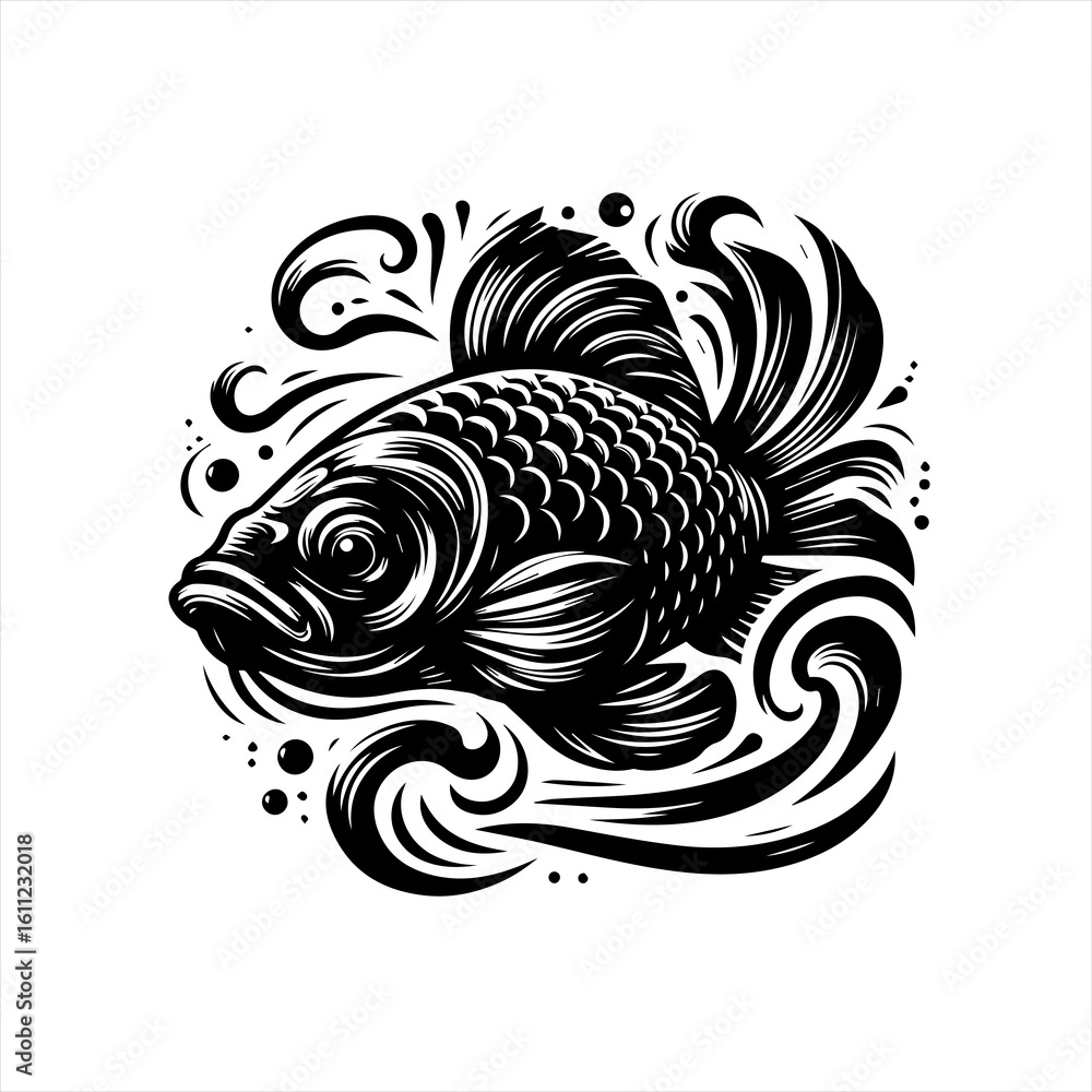 Fototapeta premium Stylized Black and White Betta Fish Illustration.