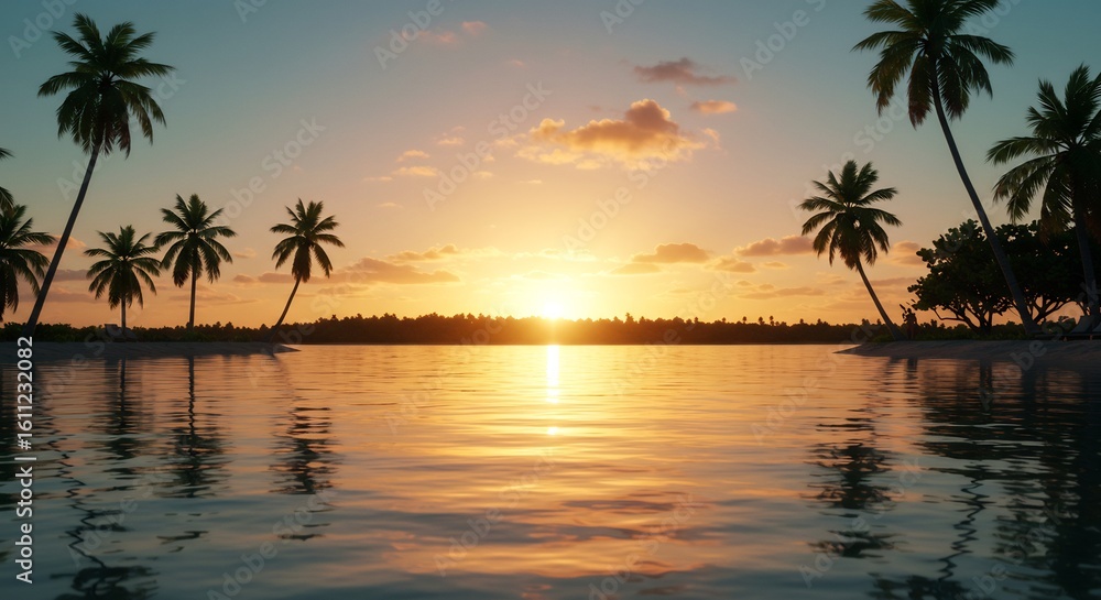 Obraz premium Serene Tropical Beach Sunset with Palm Trees and Calm Water