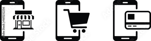 Mobile commerce icon set, smartphone with shop symbol, digital shopping cart, online payment method illustration, e-commerce design vector, black silhouette concept, secure transaction interface