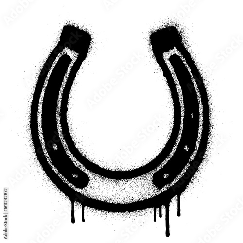 Grunge style black graffiti horseshoe stencil illustration with bold spray paint and dripping effect on a clean white background.