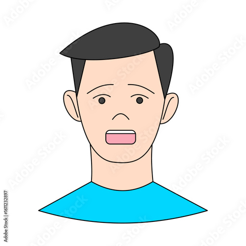 A man's face with a sad and disappointed expression. A shocked face. A flat character. An avatar. A vector illustration.