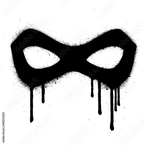 Stencil style graffiti of a superhero eye mask spray painted in solid black on a white background.