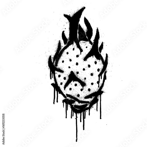Black and White Graffiti Stencil of Dragon Fruit with Spray Paint Drips.