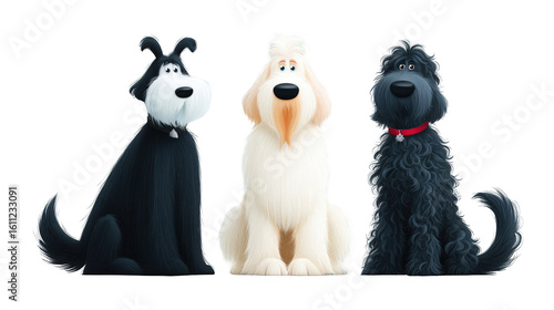 Three cartoon dogs of different breeds sitting together, showcasing friendship and playfulness in a vibrant, animated style