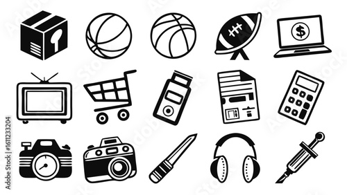 Collection of various black and white icons including sports shopping and technology items in a group vreated with genrated ai