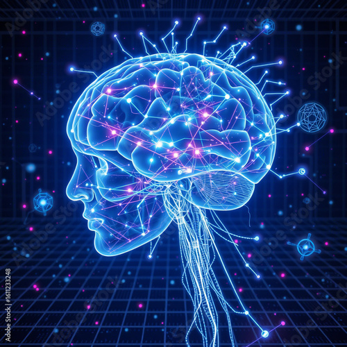 Futuristic digital brain with neon connections, AI and cognitive science concept
