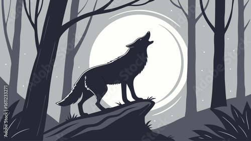 Silhouette of a wolf howling at the moon in a forest with tall trees and some foliage in the foreground vreated with genrated ai