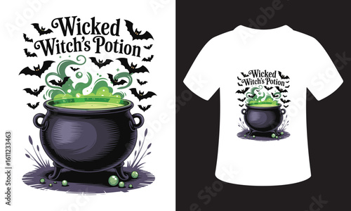 Wicked witchs potion halloween t shirt design with cauldron and bats